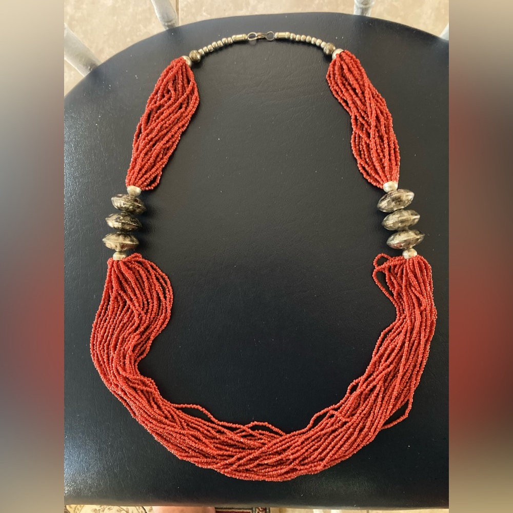 Red and Silver Multi-Strand Necklace with Elegant Design
